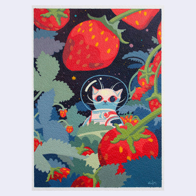 Painting of a small white cartoon style cat dressed like an astronaut, standing against a dark blue sky with large strawberry plants around him.
