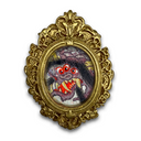 An ornate oval gold-toned frame featuring a colorful illustration of a cartoonish monster with red eyes, black hair, and a many fanged teeth, shown on a plain white background.