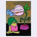 Cartoon character with green hair and pink outfit interacting with a plant-like creature on a beige background.