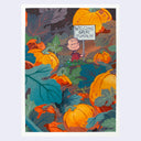 Painting of a patch of pumpkins with a space setting in the background. Linus from Peanuts stands in the field holding a sign that reads "Welcome Great Pumpkin"