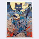 Colorful artwork of a cat in a kimono playing an instrument against a blue and orange wave background.