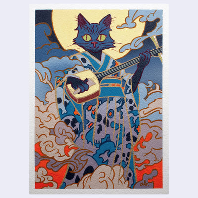 Colorful artwork of a cat in a kimono playing an instrument against a blue and orange wave background.