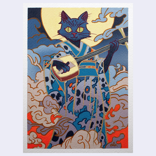 Colorful artwork of a cat in a kimono playing an instrument against a blue and orange wave background.