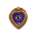 An ornate gold heart-shaped brooch featuring a central purple and blue eye illustration with yellow details, set against a plain white background.