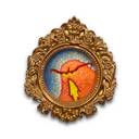 A textured painting of an orange monster creature on a blue background, set within an ornate gold frame on a white background.