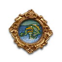 An ornate gold-toned oval frame pendant featuring a colorful illustration of a green and yellow monster on a blue background, shown on a plain white backdrop.