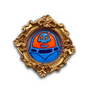 A circular painting of a stylized blue skull character inside an orange space helmet, surrounded by an ornate gold frame on a white background.