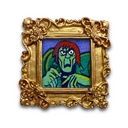 A square gold picture frame featuring a colorful painted portrait of a green-skinned character with red hair, shown on a plain white background.