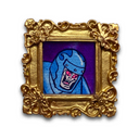 A square framed painting featuring a hand-painted blue character with pink eyes and a purple background, set within an ornate gold frame.
