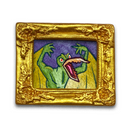 A colorful illustration of a green monster with its mouth wide open, set within an ornate gold frame on a white background.