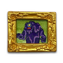 A painting of a purple monster with a single eye and red mouth, set against a green textured background, enclosed in an ornate gold frame.
