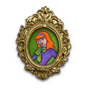 An ornate gold oval frame featuring a stylized illustration of a woman with orange hair, a purple top, and a green background.