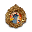 Decorative brooch with a cat illustration in a gold frame on a white background