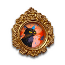 Painting of a black cat design in a gold frame on a white background