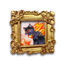 Illustrative painting of a cat with flame-like patterns in a gold frame on a white background