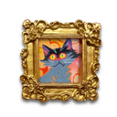 Framed painting of a stylized cat with a gold frame on a white background