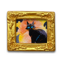 Miniature painting of a black cat with blue eyes in a gold frame on a white background