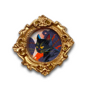 Painting in a gold frame featuring an illustration of a black cat on a white background