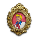 An ornate gold oval portrait frame featuring a cartoon-style illustration of a smiling blond man with a handkerchief necktie on a pink background, isolated on a white backdrop.