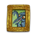 A framed artwork featuring a stylized blue bird with large orange eyes and a long beak, set against a textured green background and enclosed in an ornate gold frame.