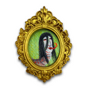 A small framed portrait artwork featuring a stylized snake-woman with long black hair, pale skin, red lips, and red dots, set inside an ornate gold frame on a white background.