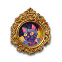 Decorative gold frame with a colorful cat illustration on a white background