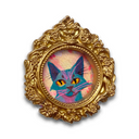 Painting of a colorful cat illustration in a gold frame on a white background