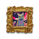 Colorful cat painting in a gold frame on a white background