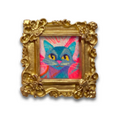 Colorful cat painting in a gold frame on a white background