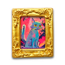 Colorful cat illustration in a gold frame on a white background