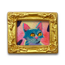 Colorful cat painting in a gold frame on a white background