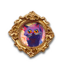 Painting of a colorful cat illustration in a gold frame on a white background