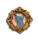 colorful cat illustration in a gold frame on a white background