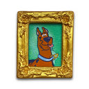 A hand-painted illustration of Scooby-Doo on a textured green background, enclosed in an ornate gold frame.
