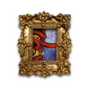 An ornate gold picture frame holding a colorful painting of a stylized tengu mask, shown against a plain white background.