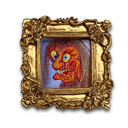 Ornate gold frame housing an illustration of a red monster with a crazed expression, yellow eyes and yellow teeth.