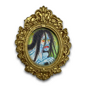 An ornate oval gold frame containing a painted portrait of a woman with long black hair, pale blue skin, and red lips, shown on a plain white background.