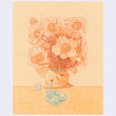 Soft colored illustration on warm, brown toned paper of a character resting their head and elbows on a table. Their head is open like a vase, full of water with a bouquet of orange flowers blooming out. The character cries heavily with a blank expression.