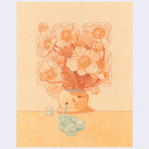 Soft colored illustration on warm, brown toned paper of a character resting their head and elbows on a table. Their head is open like a vase, full of water with a bouquet of orange flowers blooming out. The character cries heavily with a blank expression.