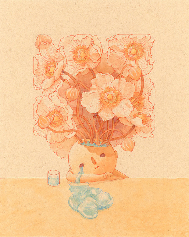 Soft colored illustration on warm, brown toned paper of a character resting their head and elbows on a table. Their head is open like a vase, full of water with a bouquet of orange flowers blooming out. The character cries heavily with a blank expression.