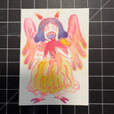 Gouache drawing on paper of a harpy character, with purple hair and horns and wings, eating a person who has lost their head.