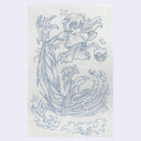 Blue ink drawing of a small, cute character with one of their arms very large and deformed - showing its tendons and with bat wings growing from it.