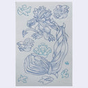 Blue ink drawing of a small, cute character with one of their arms very large and deformed - showing its tendons and with bat wings growing from it.