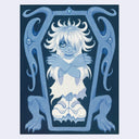 Blue monochromatic painting of a small ghostly looking child in a coffin, they have their eyes open in a sleepy way and have long white hair and claws. The coffin is ornate in its shape.