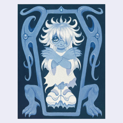 Blue monochromatic painting of a small ghostly looking child in a coffin, they have their eyes open in a sleepy way and have long white hair and claws. The coffin is ornate in its shape.