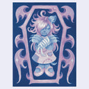 Painting in blue and purple of a cute monster child, laying in a coffin with their clawed hands crossed. One of their arms is bandaged and they wear a patchwork dress. The coffin is ornate with winged shape decals.
