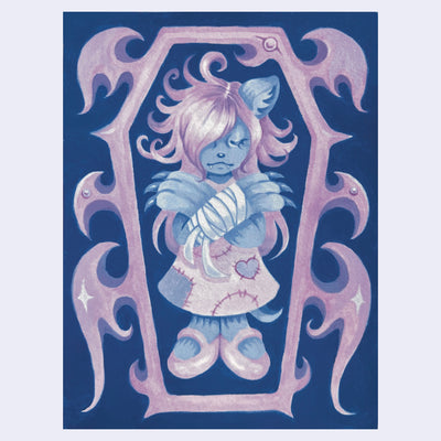 Painting in blue and purple of a cute monster child, laying in a coffin with their clawed hands crossed. One of their arms is bandaged and they wear a patchwork dress. The coffin is ornate with winged shape decals.