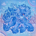 Artwork of a blue unicorn with long fur coming off of its feet, tail and mane that look slightly like blue flames. Background is blue and purple.