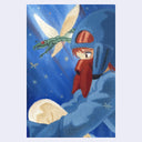 Illustration of a character in a blue helmet with a dragonfly flying nearby, set against a starry night sky.