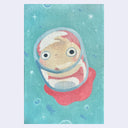 Illustration of a fish character stuck in a glass jar on a teal background with bubbles.